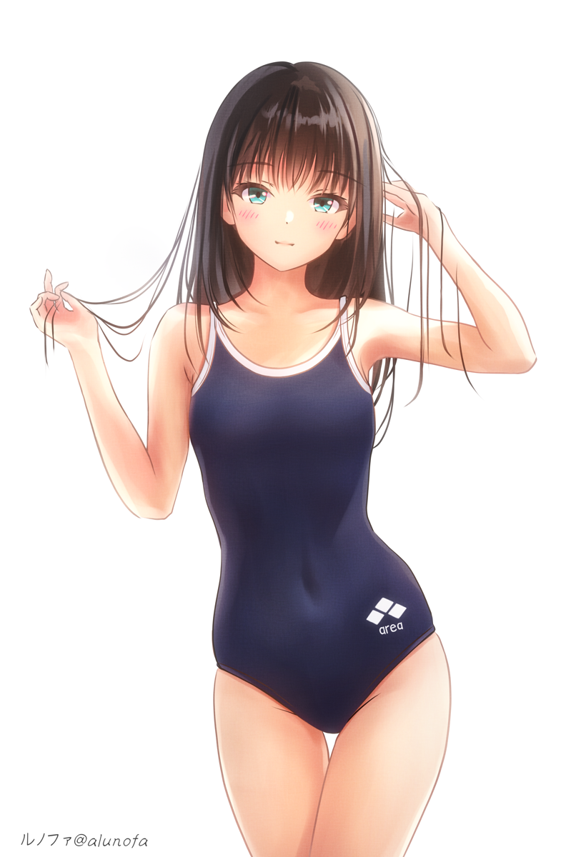 1girl arena_(company) black_hair blue_one-piece_swimsuit breasts competition_school_swimsuit covered_navel cowboy_shot green_eyes highres logo long_hair looking_at_viewer one-piece_swimsuit original school_swimsuit simple_background small_breasts solo standing swimsuit thigh_gap white_background yuluvine