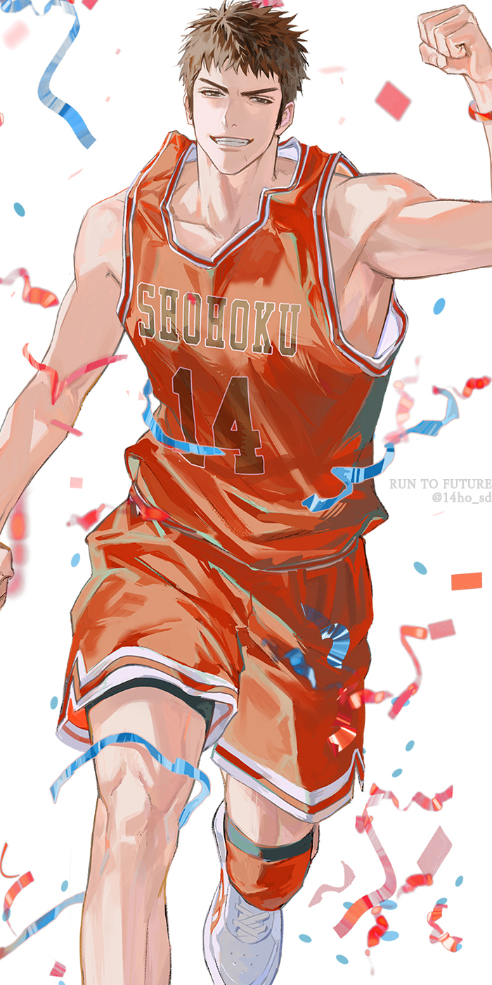 14ho_sd 1boy arm_up basketball_jersey basketball_uniform black_eyes black_hair confetti cowboy_shot highres male_focus mitsui_hisashi red_shorts red_tank_top running scar scar_on_chin scar_on_face short_hair shorts simple_background slam_dunk_(series) smile solo sportswear tank_top white_background