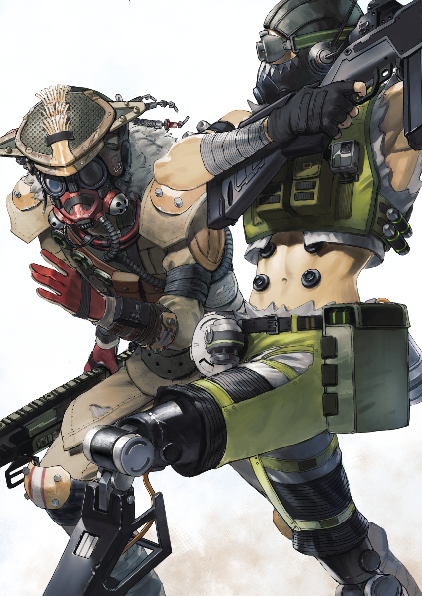 1boy 1other abs ambiguous_gender apex_legends black_gloves bloodhound_(apex_legends) brown_jacket brown_pants cable daichi_midori fingerless_gloves g7_scout gloves goggles gun helmet highres holding holding_gun holding_weapon jacket knee_pads m1904_mastiff mechanical_legs midriff navel octane_(apex_legends) pants realistic rebreather red_gloves shotgun weapon white_background