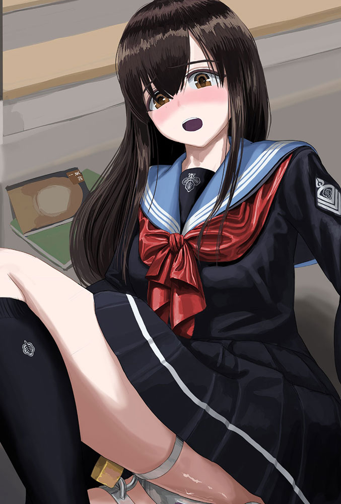 1girl black_serafuku black_shirt black_skirt black_socks blue_sailor_collar blush breasts brown_eyes brown_hair chastity_belt commentary_request embarrassed furrowed_brow hair_between_eyes itou_tatsuya knee_up kneehighs lock long_bangs long_hair long_sleeves looking_down neckerchief nose_blush notebook on_floor open_mouth original pleated_skirt reclining red_neckerchief sailor_collar school_uniform serafuku shirt skirt socks solo straight_hair swept_bangs teeth thigh_strap thighs upper_teeth_only