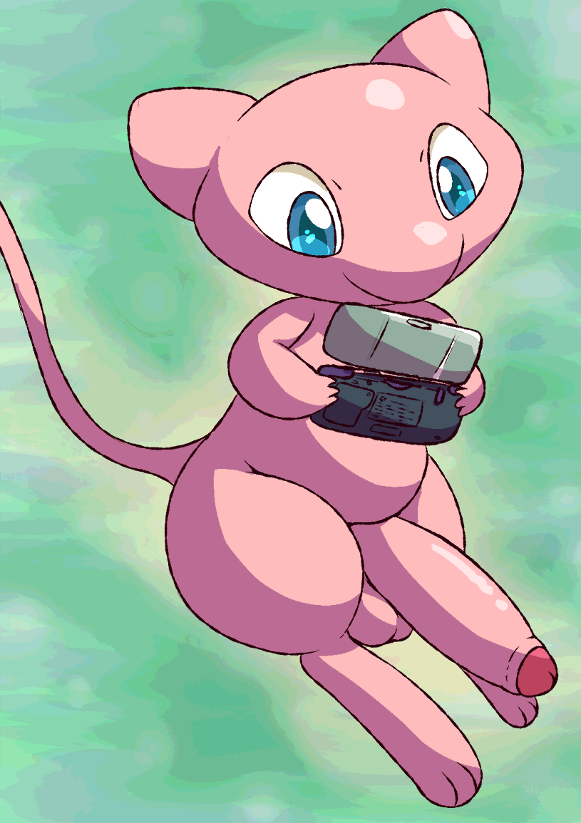 2023 anthro balls blue_eyes erection feet foreskin generation_1_pokemon genitals holding_console holding_object humanoid_genitalia humanoid_penis legendary_pokemon looking_at_object male mew_(pokemon) mincheeto nintendo nintendo_ds nintendo_ds_family penis pink_balls pink_body pink_feet pink_foreskin pinup pokemon pokemon_(species) pose shaded simple_background solo solo_focus tail
