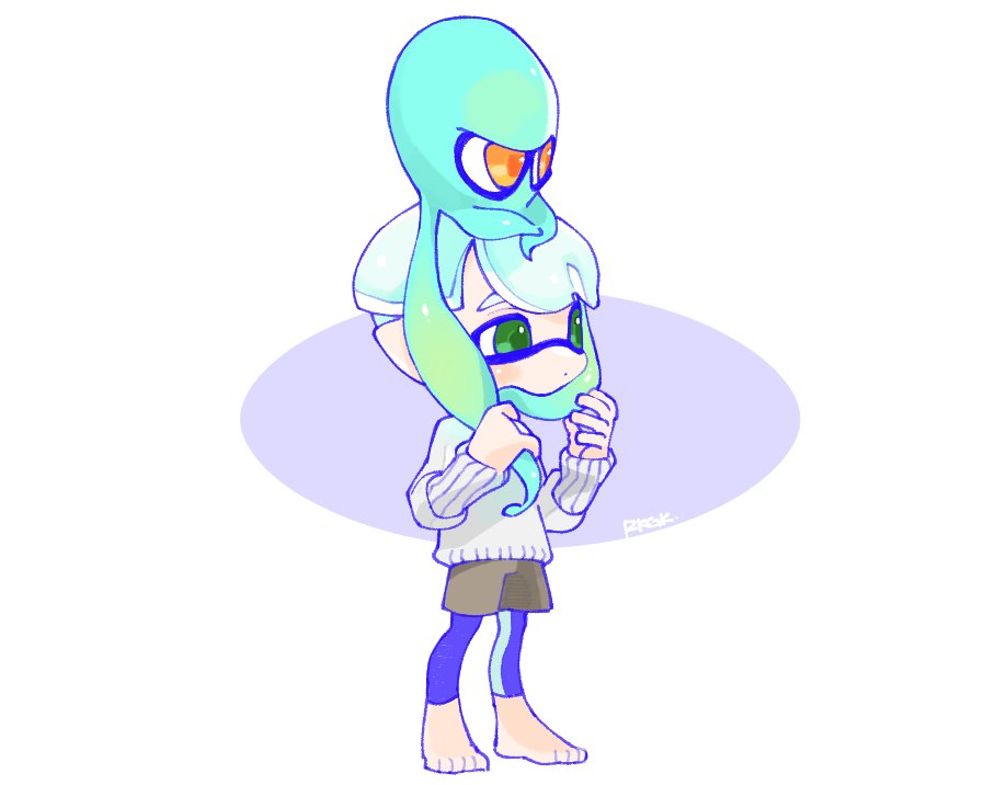 1boy barefoot blue_hair closed_mouth green_eyes grey_sweater inkling inkling_boy leggings_under_shorts octopus orange_eyes pointy_ears short_hair simple_background sleeves_past_wrists spl8ya splatoon_(series) standing sweater tentacle_hair white_background