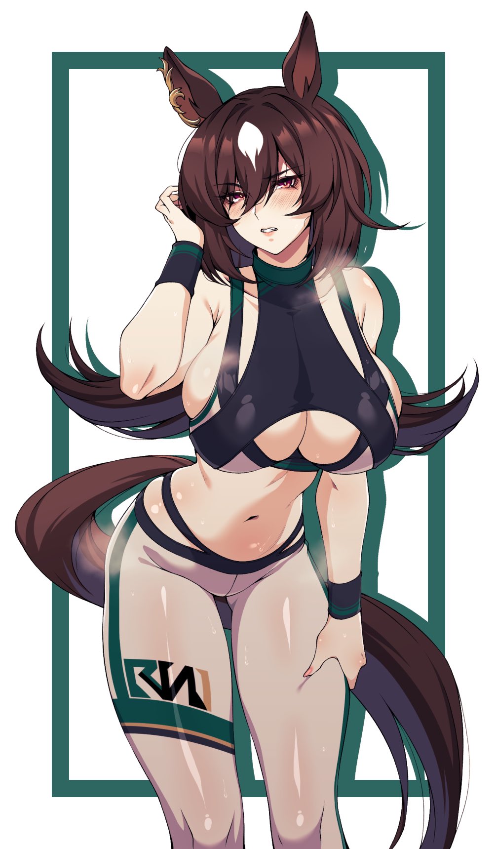 1girl alternate_costume animal_ears artist_logo bare_shoulders black_sports_bra blush border breasts brown_hair cero_rains cleavage cleavage_cutout clothing_cutout commentary cowboy_shot ear_ornament hair_between_eyes hand_on_own_thigh highres horse_ears horse_girl horse_tail large_breasts leggings long_hair looking_at_viewer multicolored_hair navel pants parted_lips red_eyes revision simple_background sirius_symboli_(umamusume) solo sports_bra streaked_hair sweat tail umamusume visible_air white_background white_hair white_pants wristband