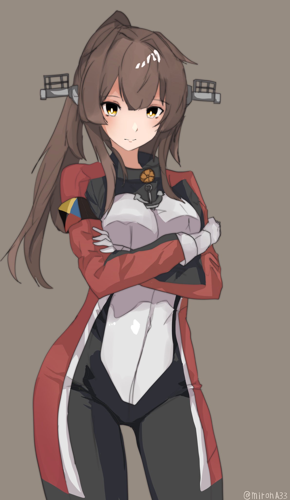 1girl alternate_costume biker_clothes bikesuit bodysuit brown_eyes brown_hair commentary_request cowboy_shot crossed_arms grey_background headgear highres kantai_collection long_hair miron_(mirona33) multicolored_bikesuit multicolored_bodysuit multicolored_clothes ponytail solo standing yamato_(kancolle)