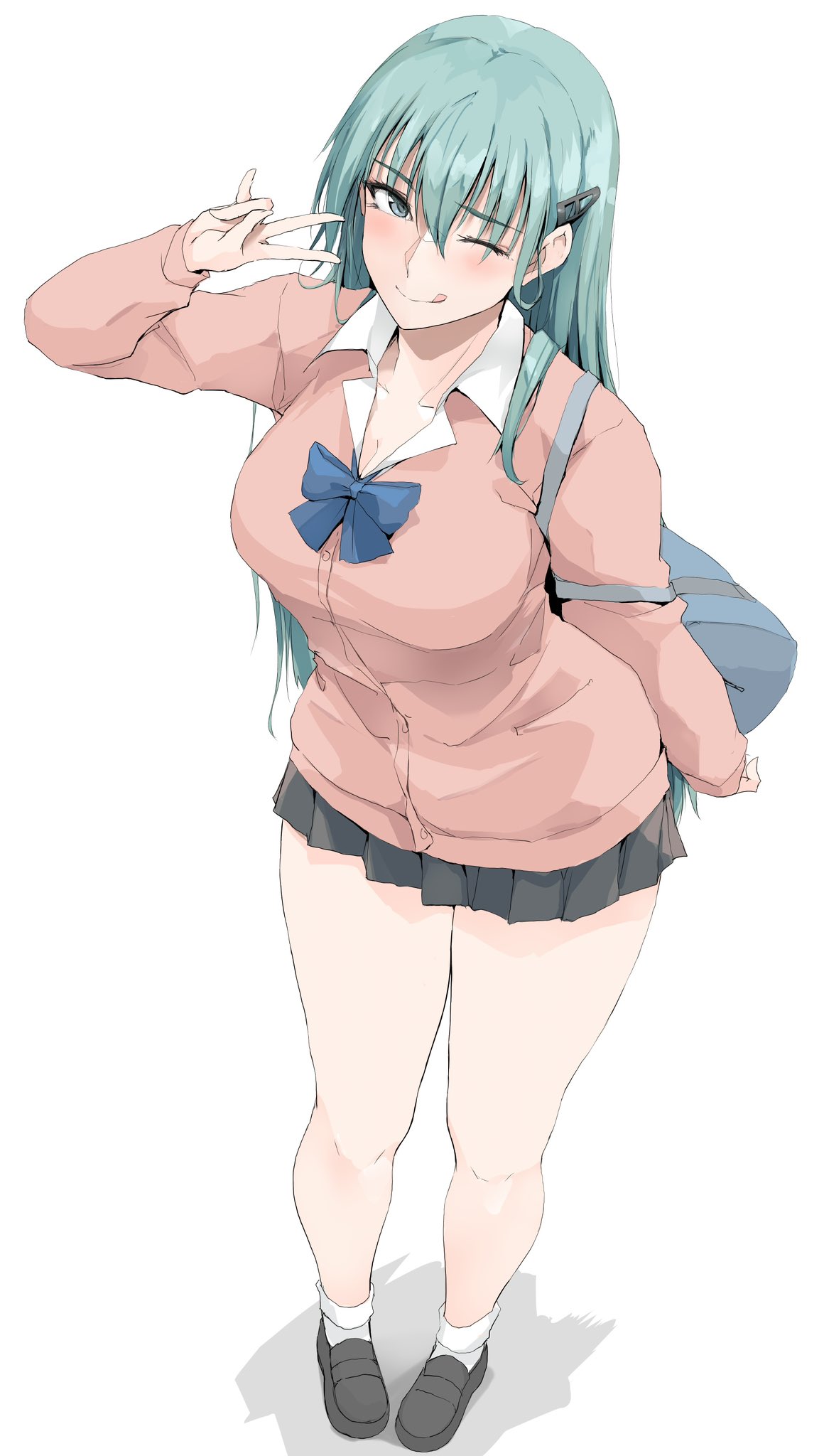 1girl :q alternate_costume aqua_eyes aqua_hair bag black_footwear black_skirt blue_bow blue_bowtie bow bowtie breasts cardigan cleavage collared_shirt commentary_request full_body hair_between_eyes hair_ornament hairclip highres kantai_collection large_breasts long_hair looking_at_viewer miniskirt pink_cardigan pleated_skirt school_bag shadow shirt skirt smile socks solo suzuya_(kancolle) thighs tongue tongue_out v white_background white_shirt white_socks zekkyon