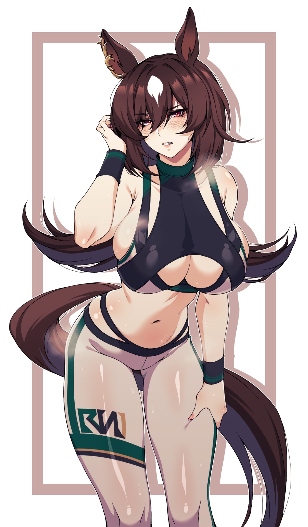 1girl alternate_costume animal_ears artist_logo bare_shoulders black_sports_bra blush border breasts brown_hair cero_rains cleavage cleavage_cutout clothing_cutout commentary_request cowboy_shot ear_ornament hair_between_eyes hand_on_own_thigh highres horse_ears horse_girl horse_tail large_breasts leggings long_hair looking_at_viewer multicolored_hair navel pants parted_lips red_eyes simple_background sirius_symboli_(umamusume) solo sports_bra streaked_hair sweat tail umamusume visible_air white_background white_hair white_pants wristband