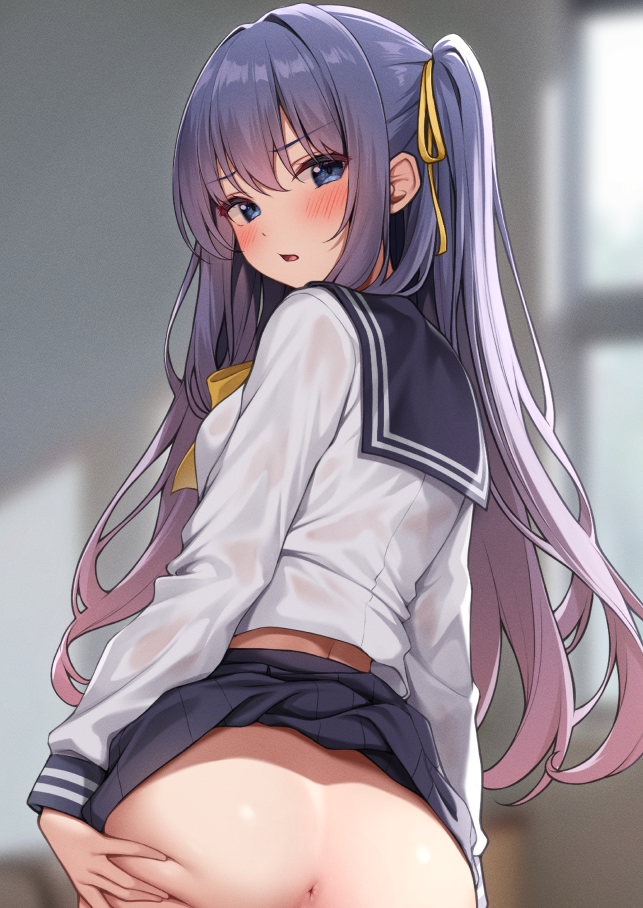 1girl anus ass ass_grab black_sailor_collar black_skirt blue_eyes blue_hair blue_skirt blurry blurry_background blush bow bowtie breasts clothes_lift commentary_request from_behind grabbing_own_ass hair_ribbon karutamo long_hair long_sleeves looking_at_viewer looking_back no_panties one_side_up open_mouth original parted_lips rakugaki-chan ribbon sailor_collar school_uniform serafuku shirt skirt skirt_lift solo white_shirt yellow_bow yellow_bowtie yellow_ribbon