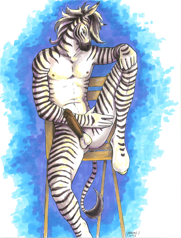 2003 anthro ayame_emaya balls blue_background chair cocky equid equine erection furniture genitals hand_on_knee hand_on_leg hand_on_thigh male male/male mammal nude on_chair signature simple_background sitting sitting_on_chair solo stripes white_background zebra