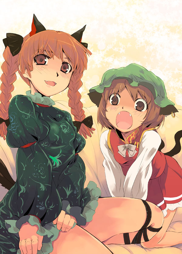 2girls :o animal_ears black_ribbon bow bowtie braid breasts brown_eyes brown_hair cat_ears cat_tail chen collar commentary_request earrings fangs feet_out_of_frame frilled_collar frilled_sleeves frills green_headwear green_shirt hair_bow hair_ribbon hat jewelry kaenbyou_rin leg_ribbon long_hair long_sleeves looking_at_viewer mob_cap multiple_girls multiple_hair_bows open_mouth red_hair red_ribbon red_skirt red_vest ribbon shirt short_hair single_earring skirt sleeve_ribbon small_breasts smile tail thighs touhou twin_braids twintails vest white_bow white_bowtie white_shirt yuu_(kfc)