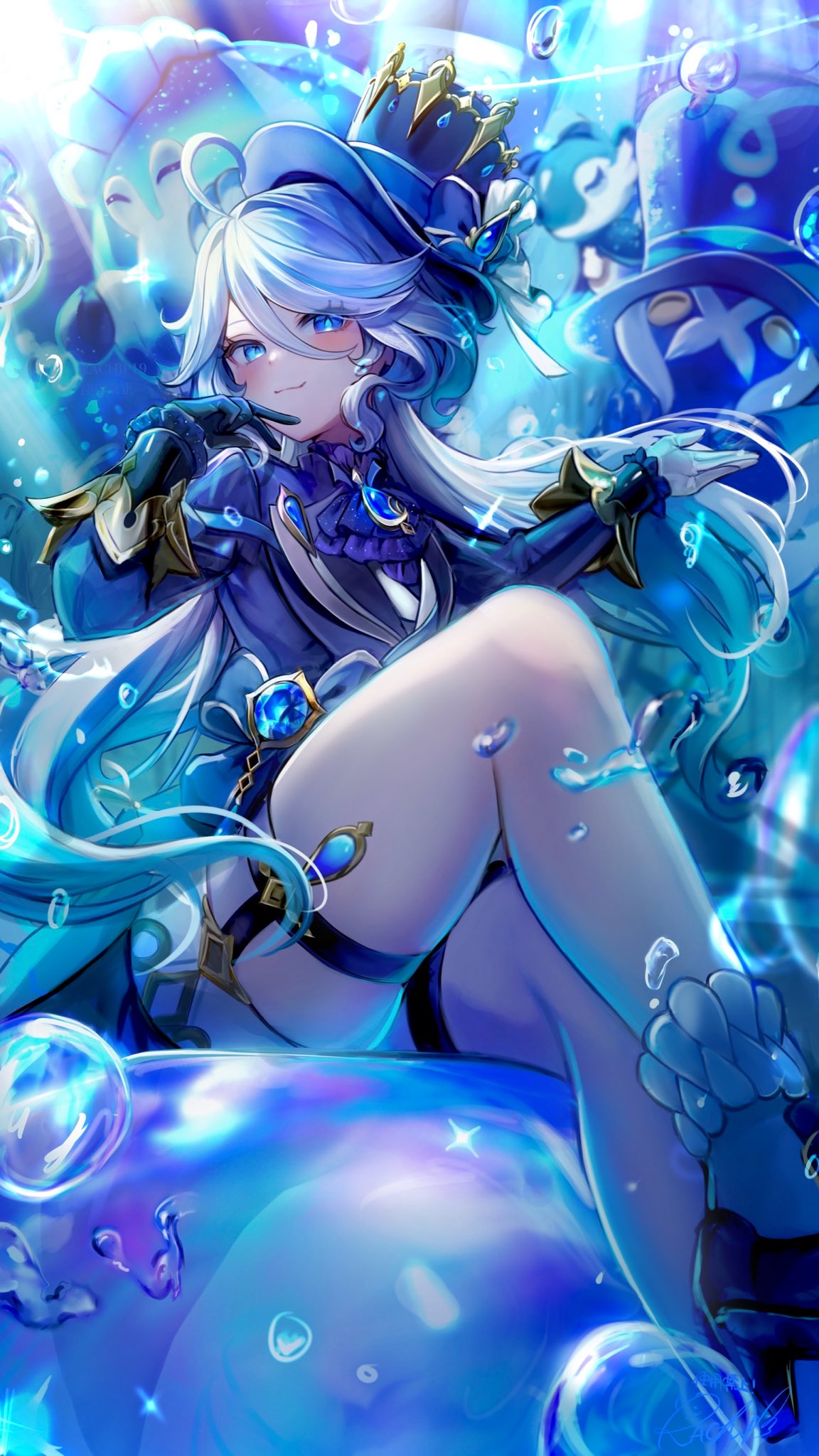1girl ahoge ascot asymmetrical_gloves bare_legs black_gloves blue_ascot blue_eyes blue_footwear blue_headwear blue_jacket blue_theme brooch closed_mouth crossed_legs foreshortening from_below furina_(genshin_impact) genshin_impact gloves hair_between_eyes hand_to_own_mouth hand_up hat high_heels highres jacket jewelry long_hair looking_at_viewer low_twintails mismatched_gloves rachip sidelocks sitting smile socks solo thigh_strap top_hat twintails vision_(genshin_impact) white_gloves white_hair white_socks