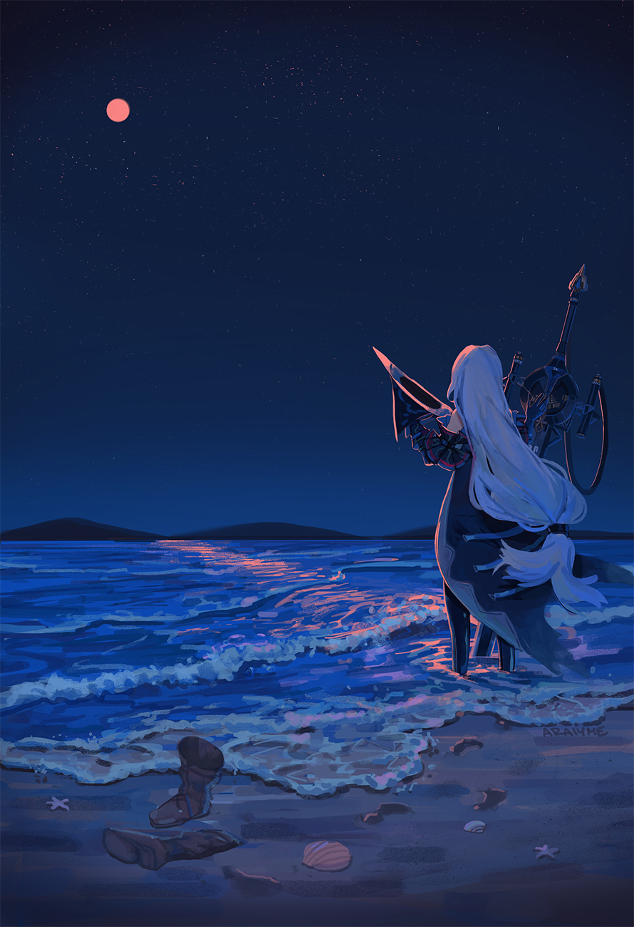 araiyme arknights bare_shoulders boots foaming_waves from_behind hat highres holding holding_clothes holding_hat long_hair low-tied_long_hair moon moonlight mountainous_horizon ocean planted planted_sword red_moon scenery shell shore skadi_(arknights) sky standing star_(sky) starfish starry_sky sword unworn_boots very_long_hair waves weapon white_hair wide_shot