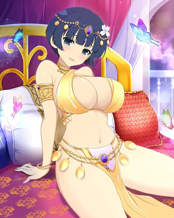 1girl against_railing arabian_clothes armband bed blue_eyes blue_hair bowl_cut bracelet breasts bug butterfly cleavage flower forehead_jewel gem hair_flower hair_ornament harem_outfit head_chain jewelry large_breasts light_blush looking_at_viewer navel night official_art on_bed pillow railing seductive_smile senran_kagura senran_kagura_new_wave short_hair smile yozakura_(senran_kagura)