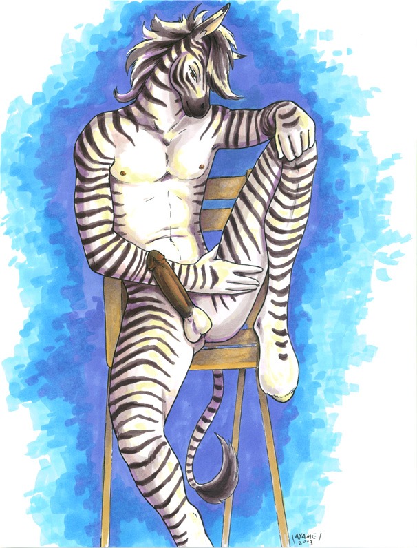 2003 anthro ayame_emaya balls blue_background chair cocky equid equine erection furniture genitals hand_on_knee hand_on_leg hand_on_thigh male male/male mammal nude on_chair signature simple_background sitting sitting_on_chair solo stripes white_background zebra