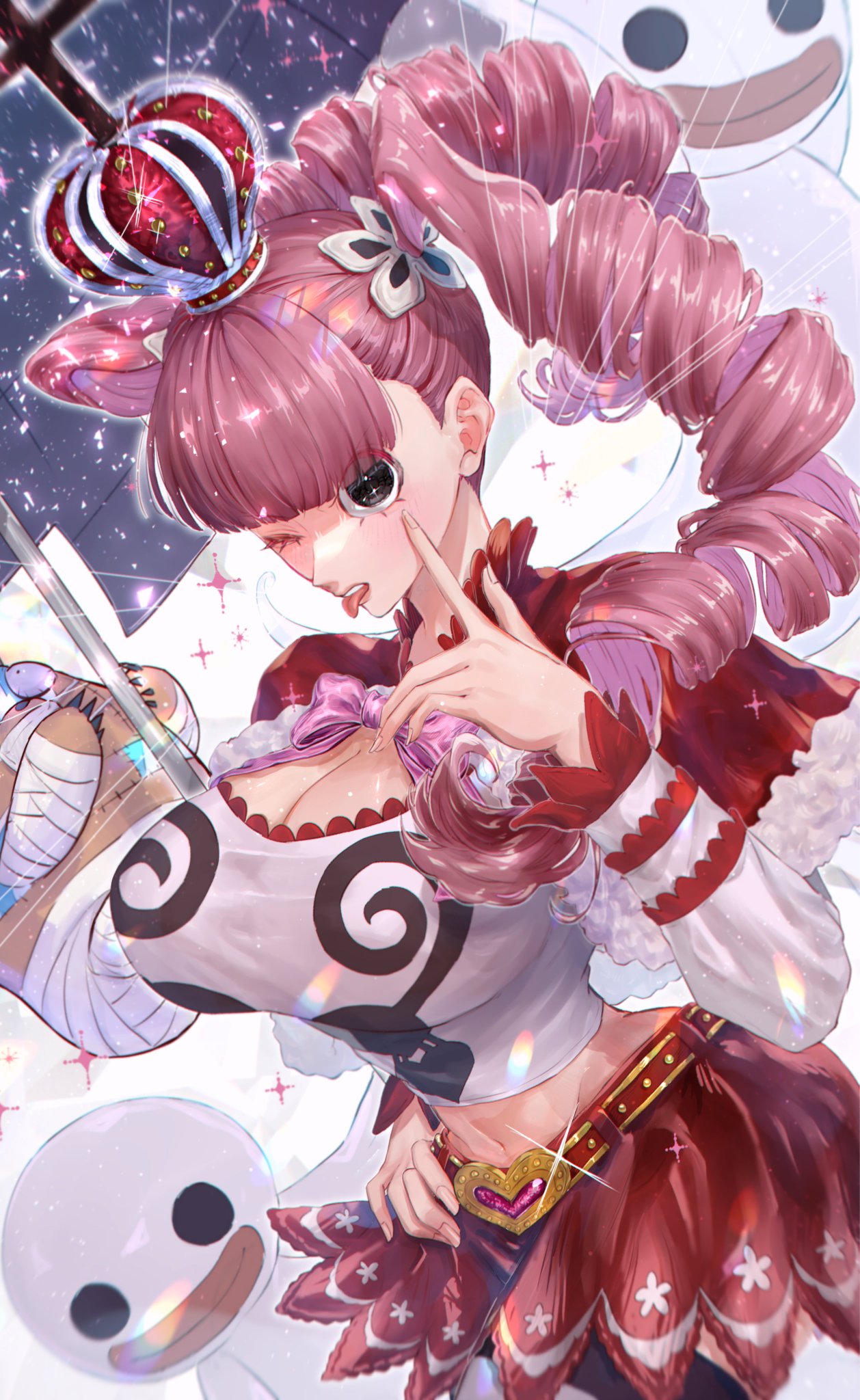 1girl black_thighhighs breasts cleavage crop_top crown devil_fruit drill_hair ghost hand_on_own_hip heart_belt highres holding holding_umbrella kumacy long_hair looking_at_viewer midriff multiple_others navel one_eye_closed one_eye_covered one_piece open_mouth perona pink_hair pointing pointing_at_self print_shirt red_skirt sc_scandium shirt skirt solo sparkle thighhighs thighs tongue tongue_out twintails two-tone_thighhighs umbrella very_long_hair white_shirt white_thighhighs wide_hips
