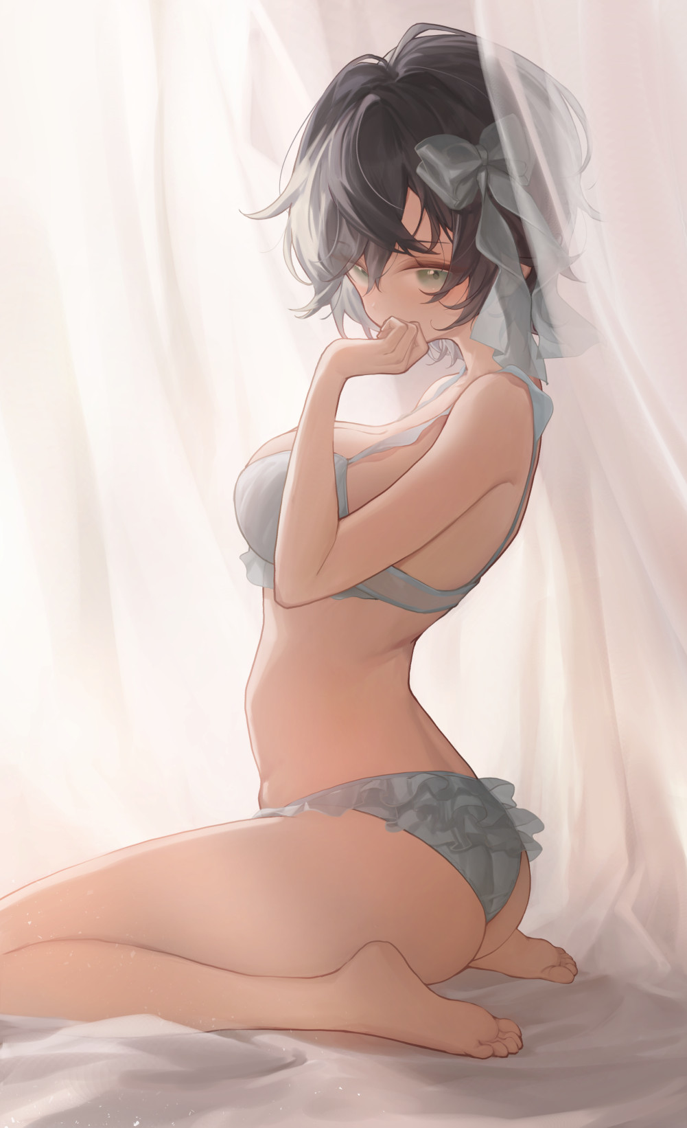1girl ass black_hair blue_bow blue_bra blue_panties borrowed_character bow bra breasts cleavage commentary commission expressionless frilled_bra frilled_panties frills from_side green_eyes hair_bow hand_up highres large_breasts lingerie looking_at_viewer metatarou original panties short_hair sitting skeb_commission solo underwear underwear_only wariza