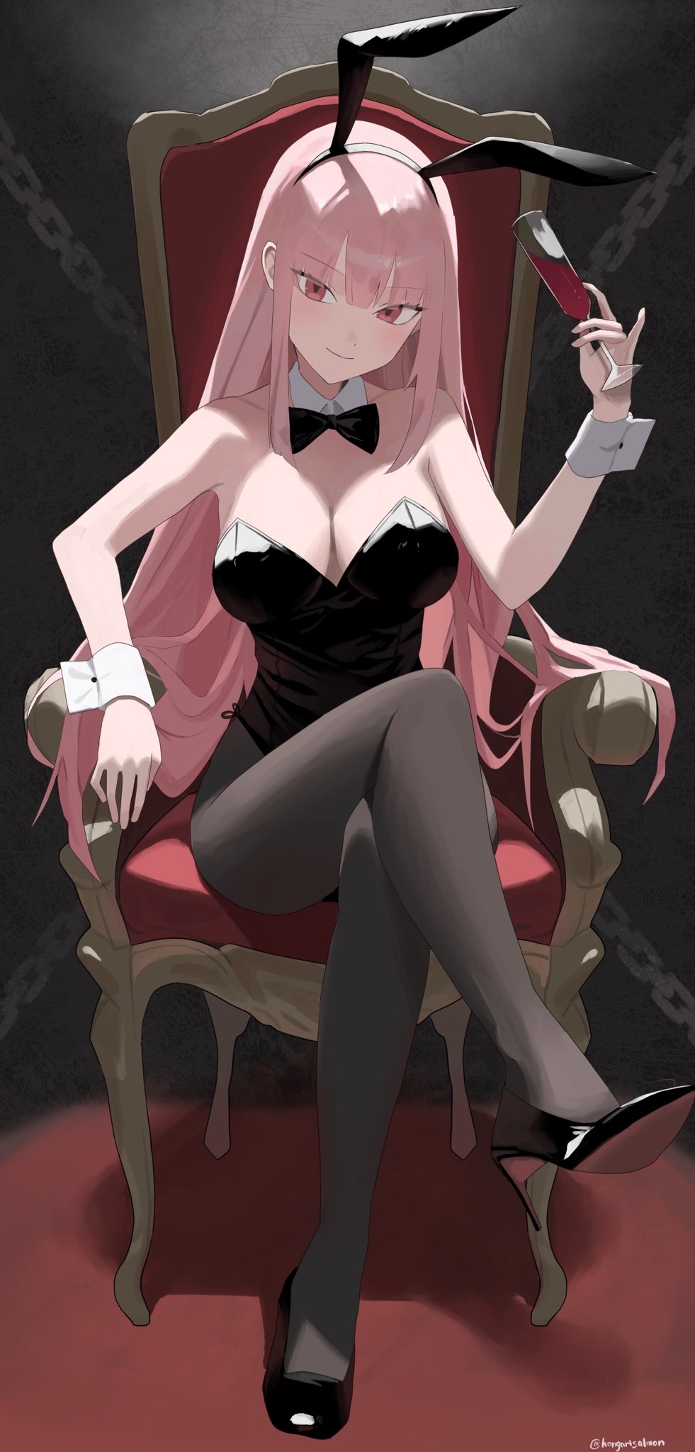 1girl animal_ears black_footwear black_leotard black_pantyhose blunt_bangs breasts cleavage collar crossed_legs cup detached_collar drinking_glass fake_animal_ears high_heels highres holding holding_cup hololive hololive_english kongarisalmon large_breasts leotard long_hair looking_at_viewer mori_calliope pantyhose pink_hair playboy_bunny rabbit_ears red_eyes sidelocks smile solo strapless strapless_leotard virtual_youtuber white_collar white_wrist_cuffs wine_glass wrist_cuffs