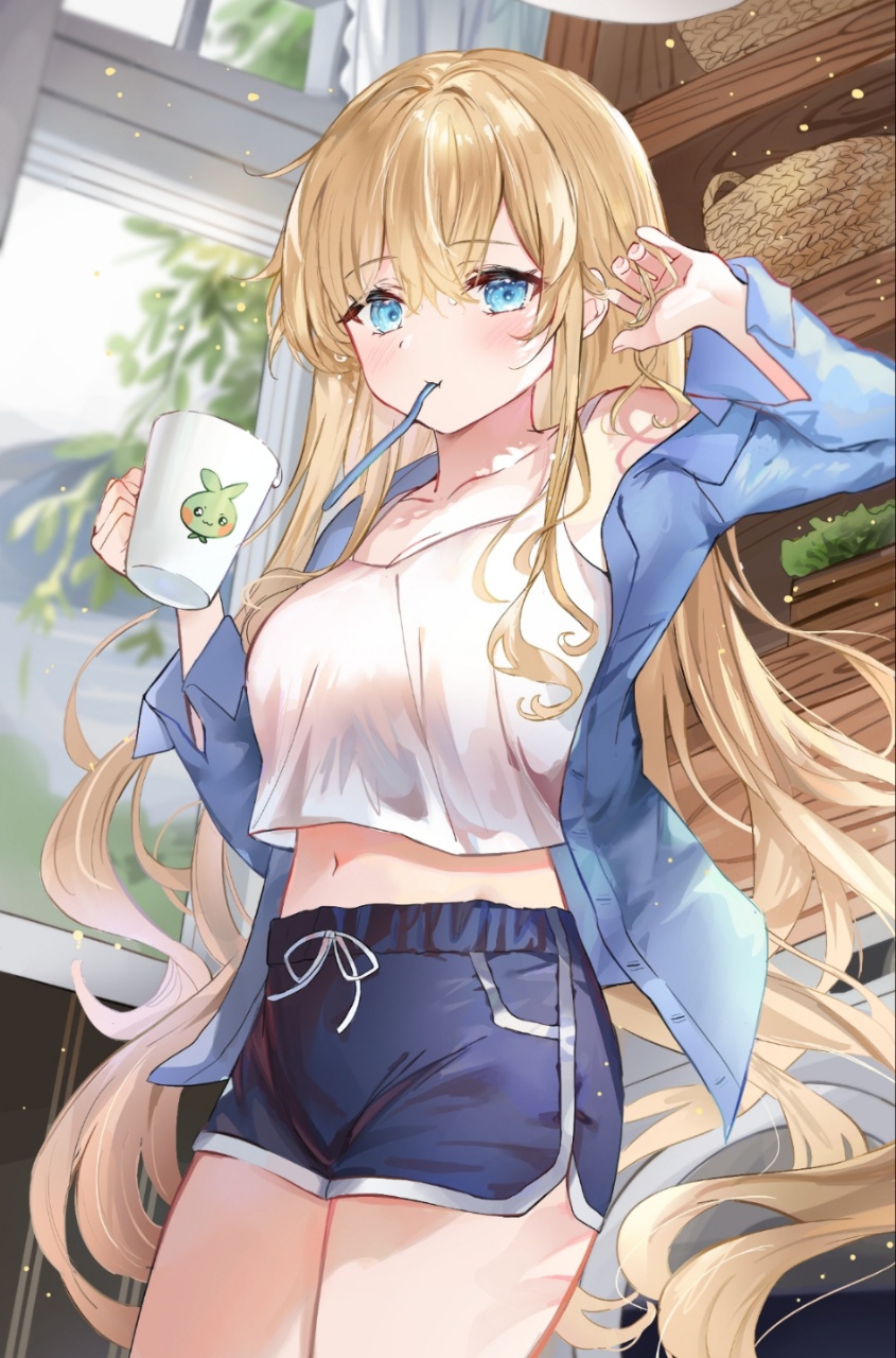 1girl arm_up arme_(cgsy7484) basket blonde_hair blue_eyes blue_jacket blue_shorts breasts commission cowboy_shot crop_top crop_top_overhang cup hair_between_eyes hand_in_own_hair hand_up highres holding holding_cup indoors jacket korean_commentary large_breasts light_blush long_hair long_sleeves looking_at_viewer midriff mouth_hold navel open_clothes open_jacket original print_cup shirt short_shorts shorts sleeveless sleeveless_shirt solo spaghetti_strap toothbrush very_long_hair white_shirt window