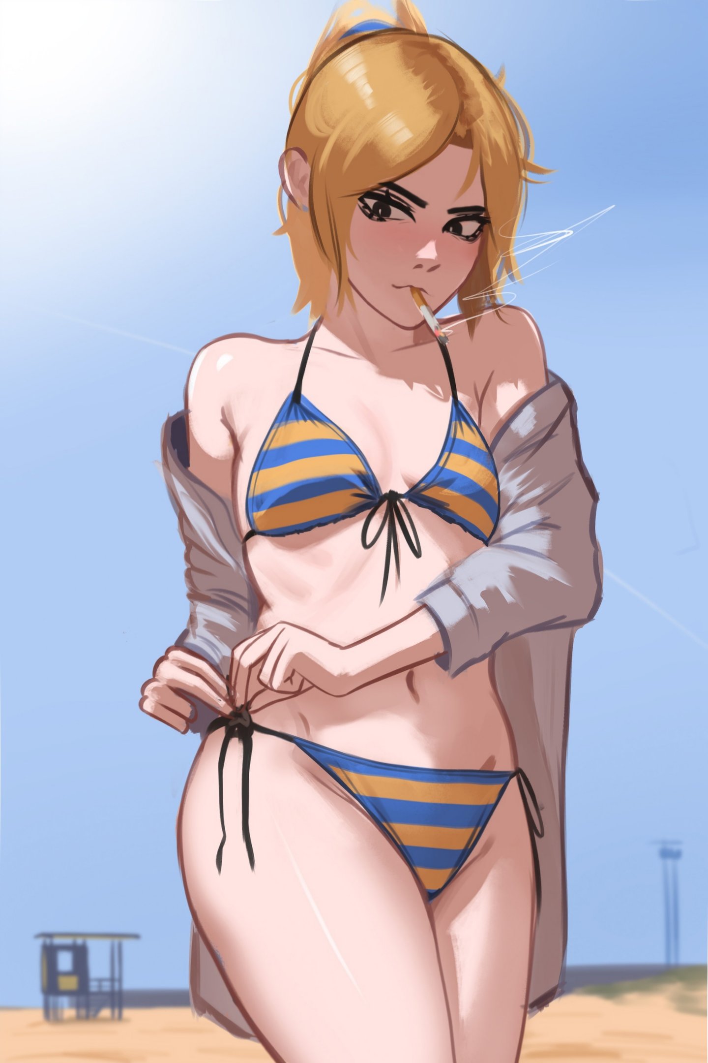 adjusting_clothes adjusting_swimsuit beach bikini black_eyes blonde_hair blue_scrunchie blush cigarette cowboy_shot embarrassed flat_chest front-tie_bikini_top front-tie_top highres looking_at_self navel nervous off-shoulder_shirt off_shoulder open_clothes open_shirt original ponytail ribs scrunchie shirt side-tie_bikini_bottom sidelocks skinny sky smoking stomach string_bikini striped_bikini striped_clothes sunlight swedish_flag_bikini swedish_flag_print swimsuit veyonis white_shirt