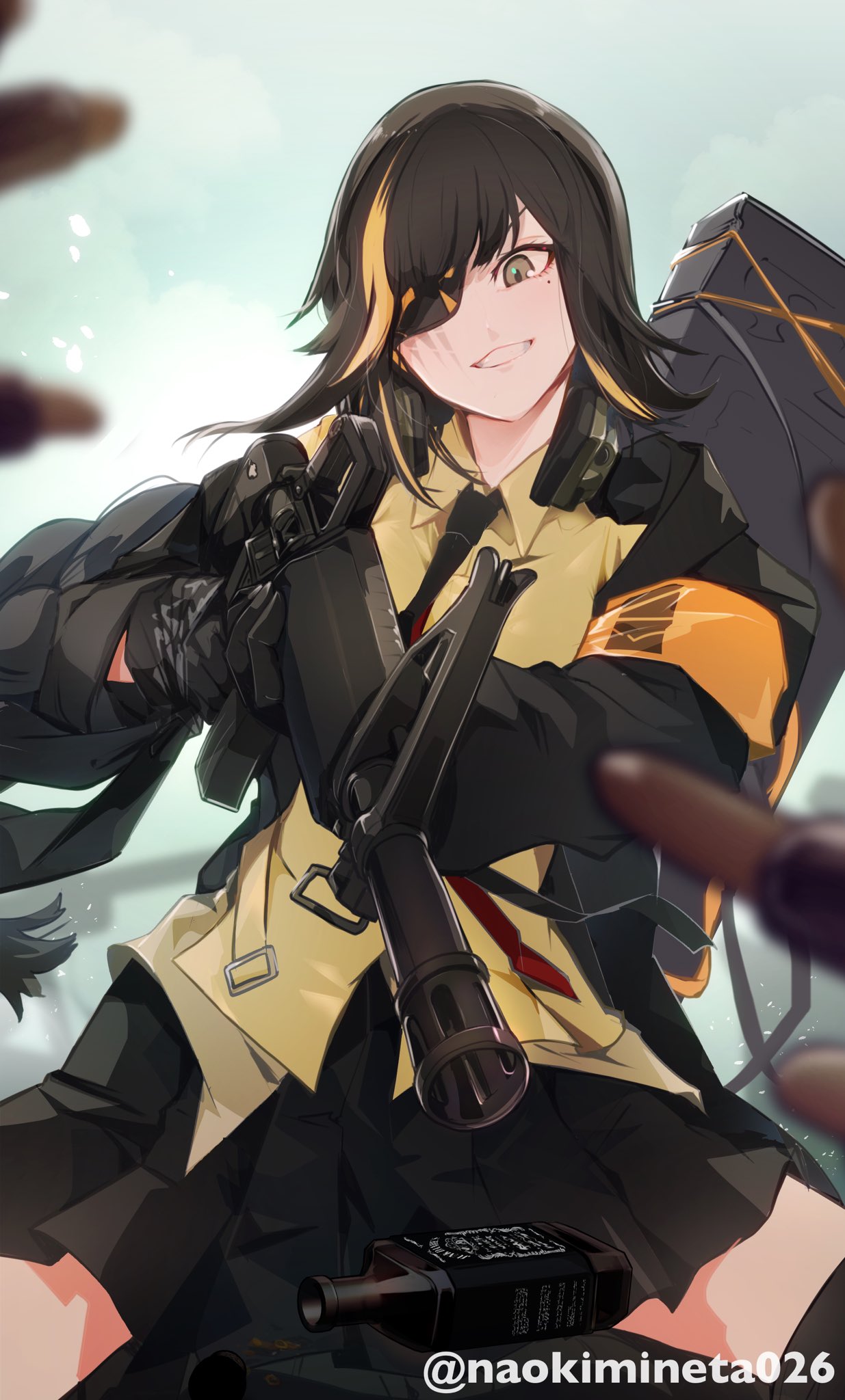 alcohol assault_rifle black_gloves black_jacket braid brown_hair girls'_frontline gloves gun highres jack_daniel's jacket long_hair looking_at_viewer m16 m16a1 m16a1_(girls'_frontline) mineta_naoki mole mole_under_eye multicolored_hair open_mouth particle_cannon_case rifle scar scar_across_eye shirt weapon whiskey yellow_shirt