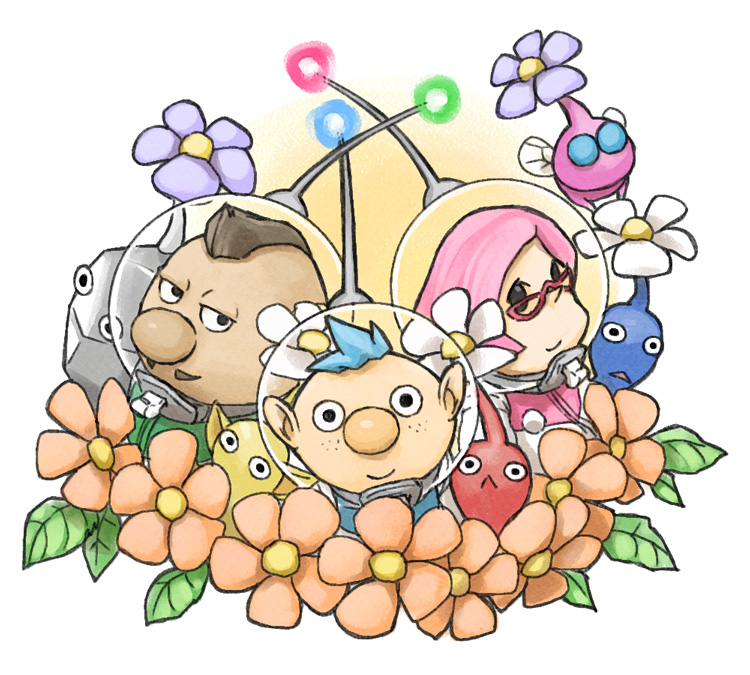 1girl 2boys alph_(pikmin) big_nose black_eyes black_skin blue_eyes blue_hair blue_pikmin blue_skin brittany_(pikmin) brown_hair buttons charlie_(pikmin) closed_mouth colored_skin commentary_request dark-skinned_male dark_skin everyone facial_hair flower flying freckles glasses half-closed_eyes helmet insect_wings leaf looking_at_viewer mohawk multiple_boys mustache naru_(wish_field) no_mouth orange_flower pikmin_(creature) pikmin_(series) pikmin_3 pink_hair pink_skin pointy_ears pointy_nose purple_flower radio_antenna red-framed_eyewear red_pikmin red_skin rock rock_pikmin short_hair simple_background smile solid_circle_eyes solid_eyes space_helmet spacesuit straight-on triangle_mouth triangular_eyewear upper_body very_short_hair vignetting whistle white_background white_flower winged_pikmin wings yellow_pikmin yellow_skin