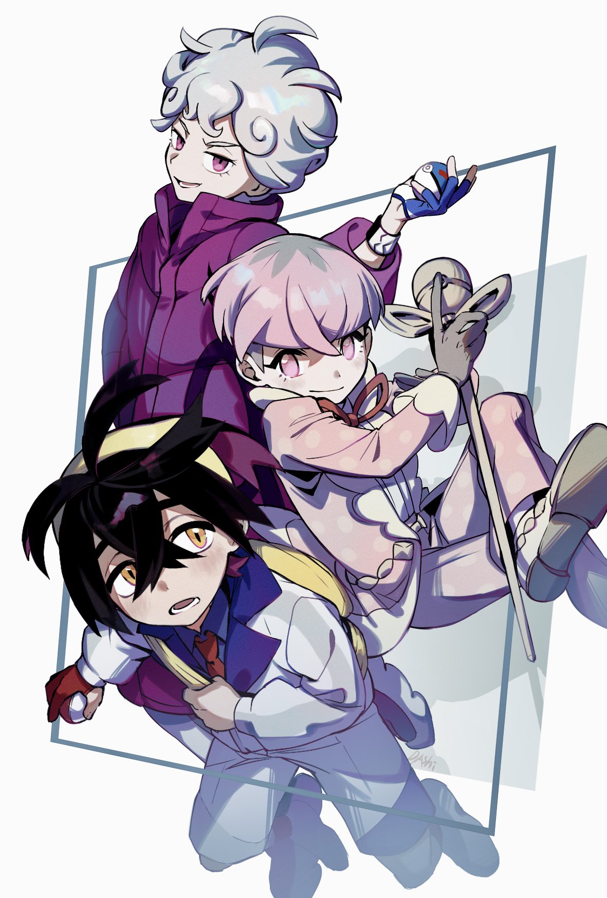 3boys bede_(pokemon) black_hair blue_gloves blueberry_academy_school_uniform closed_mouth coat collared_shirt crossed_bangs fingerless_gloves gloves great_ball grey_hair hair_between_eyes highres holding holding_poke_ball ieiieiiei jacket kieran_(pokemon) long_sleeves looking_at_viewer male_focus multicolored_hair multiple_boys necktie open_mouth orange_eyes ortega_(pokemon) pants partially_fingerless_gloves pink_eyes pink_hair poke_ball pokemon pokemon_sv pokemon_swsh purple_hair red_gloves red_necktie school_uniform shirt shoes simple_background single_glove