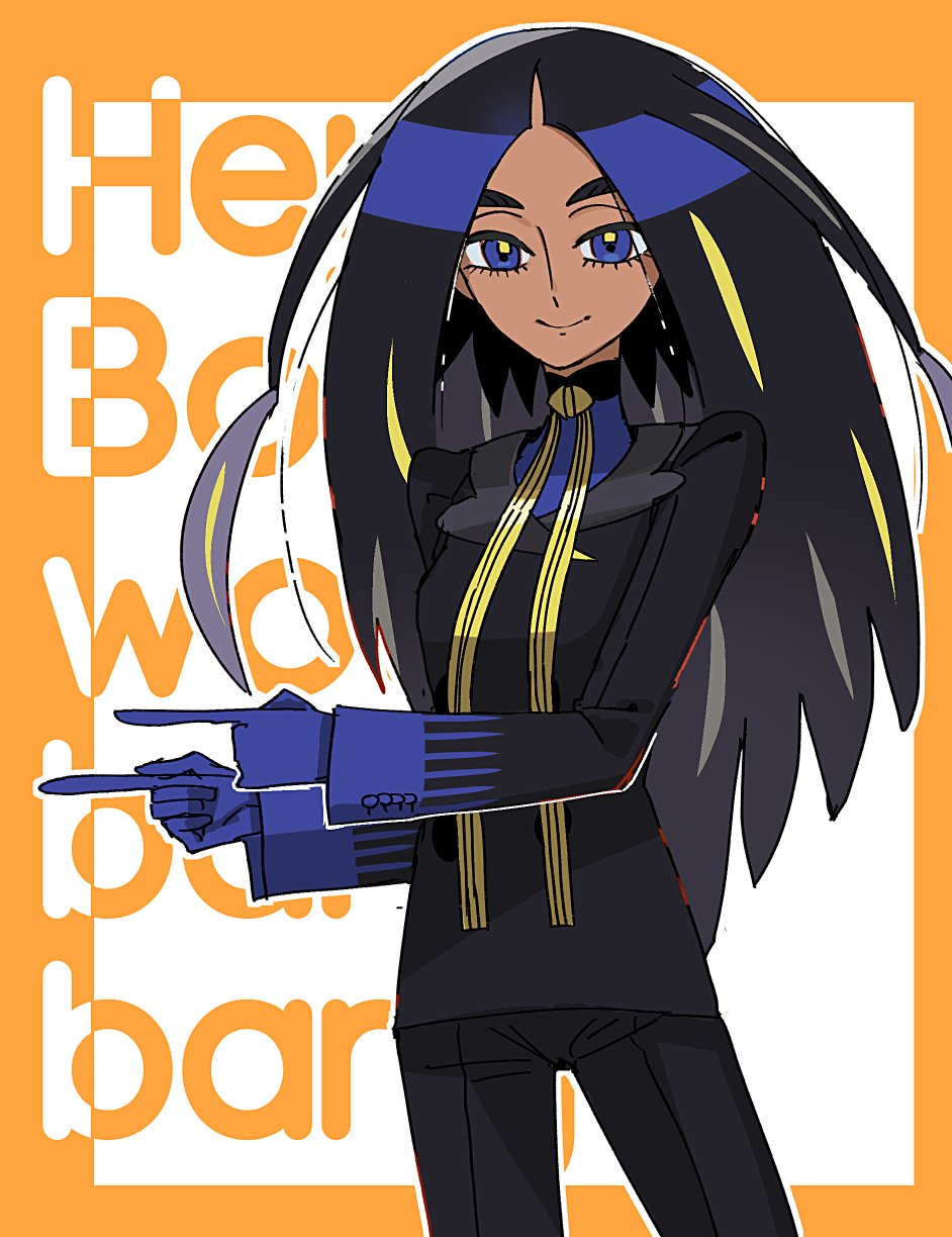 1girl black_hair black_jacket black_pants blue_eyes blue_gloves blue_shirt border closed_mouth cowboy_shot dark-skinned_female dark_skin eyelashes geeta_(pokemon) gloves highres jacket long_hair long_sleeves lvetica neck_ribbon orange_border outline pants pointing pokemon pokemon_sv ribbon shirt smile solo white_background yellow_ribbon