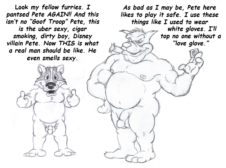 allcaps anthro badger black_and_white bruce_(brucebadger) brucebadger cigar cigar_in_mouth comic_sans condom dialogue duo english_text genitals gesture hand_gesture holding_condom holding_object male male/male mammal monochrome musclegut muscular muscular_male mustelid musteline nude object_in_mouth overweight overweight_male penis pete_(disney) sexual_barrier_device simple_background sketch smile teeth_showing text thumbs_up white_background