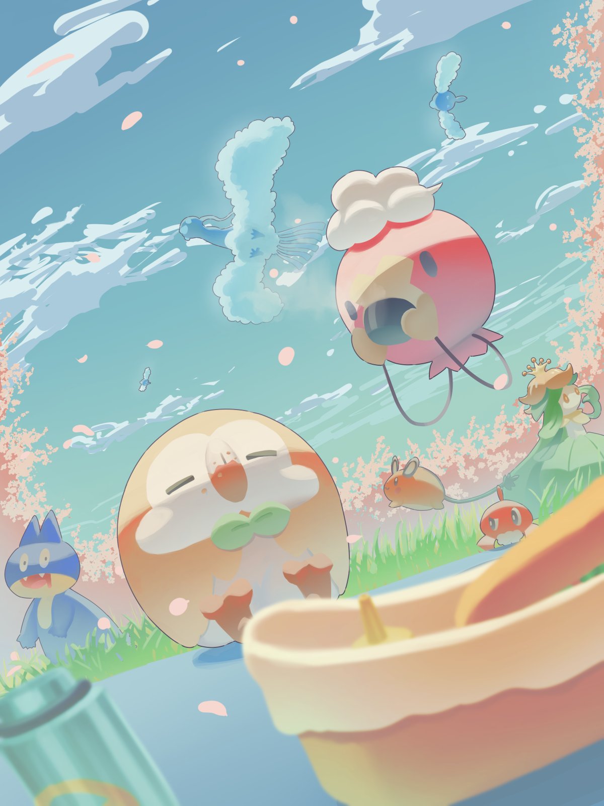 altaria blurry blurry_foreground closed_eyes cloud commentary_request cup day dedenne drifloon drinking eating falling_petals food food_on_face grass highres holding holding_cup lilligant mokukitusui munchlax no_humans outdoors petals pokemon pokemon_(creature) rowlet sitting sky swablu tatsugiri