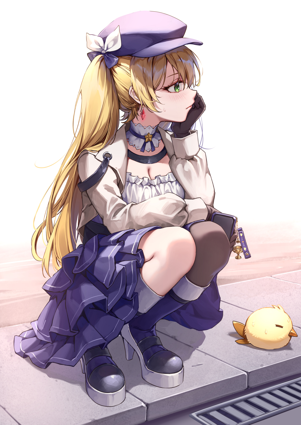 1girl black_gloves blonde_hair blue_dress blue_footwear blue_headwear boots breasts cabbie_hat cellphone cellphone_charm charm_(object) choker cleavage closed_mouth commentary cropped_jacket curry_bowl dokibird_(vtuber) dragoon_(dokibird) drain_(object) dress earrings english_commentary gloves green_eyes grey_jacket hair_ribbon hand_on_own_cheek hand_on_own_face hat head_rest high_heel_boots high_heels highres holding holding_phone indie_virtual_youtuber jacket jewelry layered_dress light_blush long_hair long_sleeves looking_to_the_side medium_breasts open_clothes open_jacket phone platform_boots platform_footwear profile puffy_long_sleeves puffy_sleeves ribbon shirt sidewalk single_leg_pantyhose smartphone solo squatting star_(symbol) sweat very_long_hair virtual_youtuber white_choker white_ribbon white_shirt