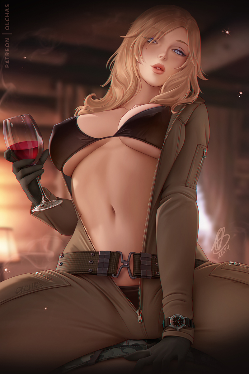 1boy 1girl artist_name bikini bikini_under_clothes black_bikini black_gloves blonde_hair blue_eyes blurry blurry_background breasts cup drinking_glass eva_(metal_gear) girl_on_top gloves highres holding holding_cup large_breasts lips long_hair looking_at_viewer metal_gear_(series) metal_gear_solid_3:_snake_eater navel olchas open_jumpsuit parted_lips patreon_username signature sitting solo_focus straddling swimsuit watch wine_glass wristwatch zipper_pull_tab