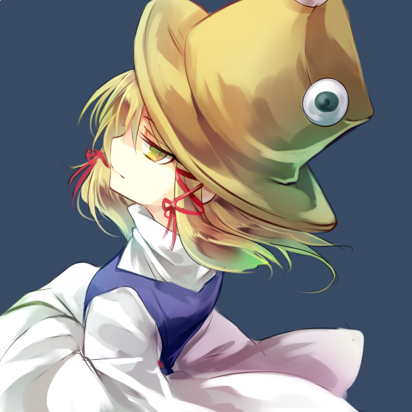 1girl black_background blonde_hair brown_headwear closed_mouth commentary_request kutsuki_kai looking_at_viewer moriya_suwako one-hour_drawing_challenge short_hair simple_background solo touhou upper_body yellow_eyes