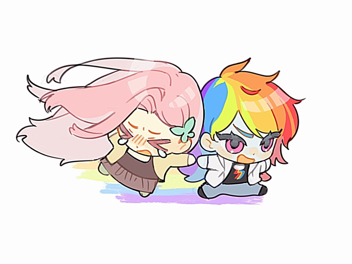 &gt;_&lt; 2girls brown_shirt chibi crying dragging fluttershy jacket kny_yy long_hair multicolored_hair multiple_girls my_little_pony my_little_pony:_friendship_is_magic open_mouth personification pink_eyes pink_hair rainbow_dash rainbow_hair running shirt simple_background very_long_hair white_background yellow_jacket