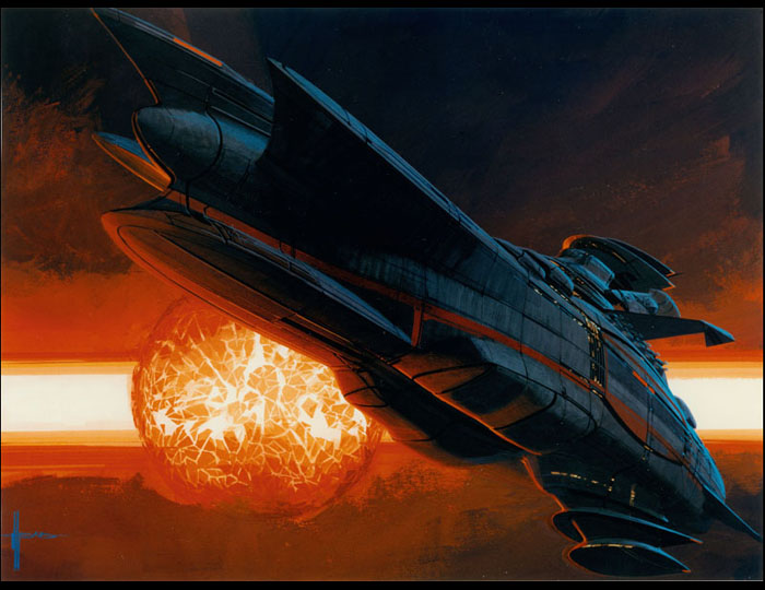backlighting concept_art explosion flying mecha_focus no_humans science_fiction signature space spacecraft syd_mead third-party_source traditional_media yamato2520 yamato_(uchuu_senkan_yamato)