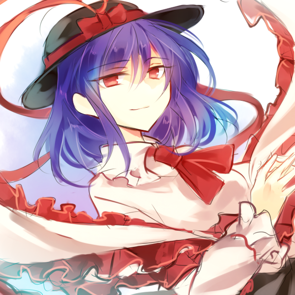 1girl black_headwear bow capelet closed_mouth commentary_request frilled_capelet frilled_shawl frills hat hat_bow kutsuki_kai long_sleeves looking_at_viewer nagae_iku one-hour_drawing_challenge purple_hair red_bow red_eyes shawl short_hair solo touhou upper_body