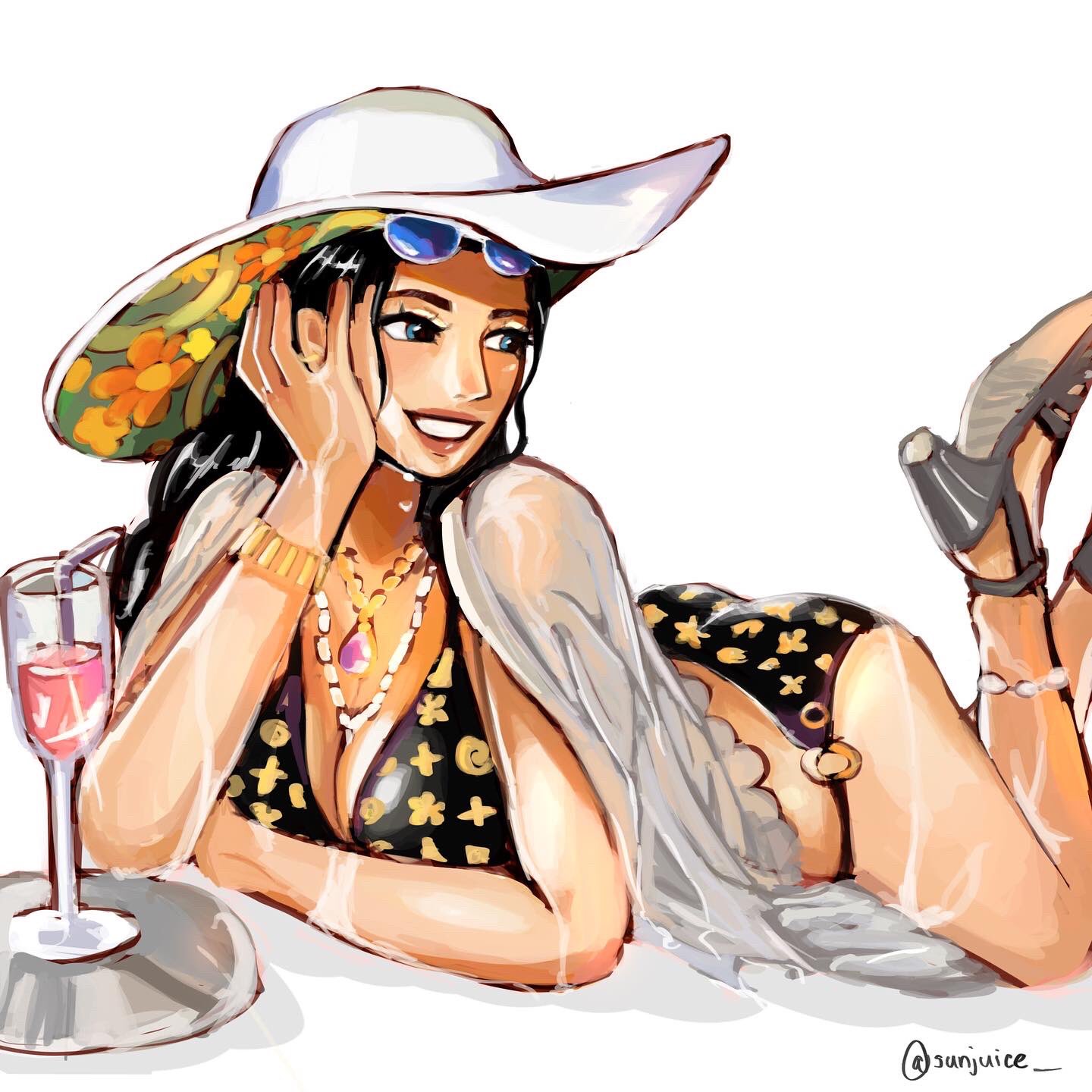 1girl bikini black_hair cape cup drinking_straw english_commentary eyewear_on_head grey_footwear hand_on_own_cheek hand_on_own_face hat high_heels highres jewelry long_hair looking_to_the_side lying necklace nico_robin one_piece plate simple_background solo sunjuice swimsuit twitter_username water white_background
