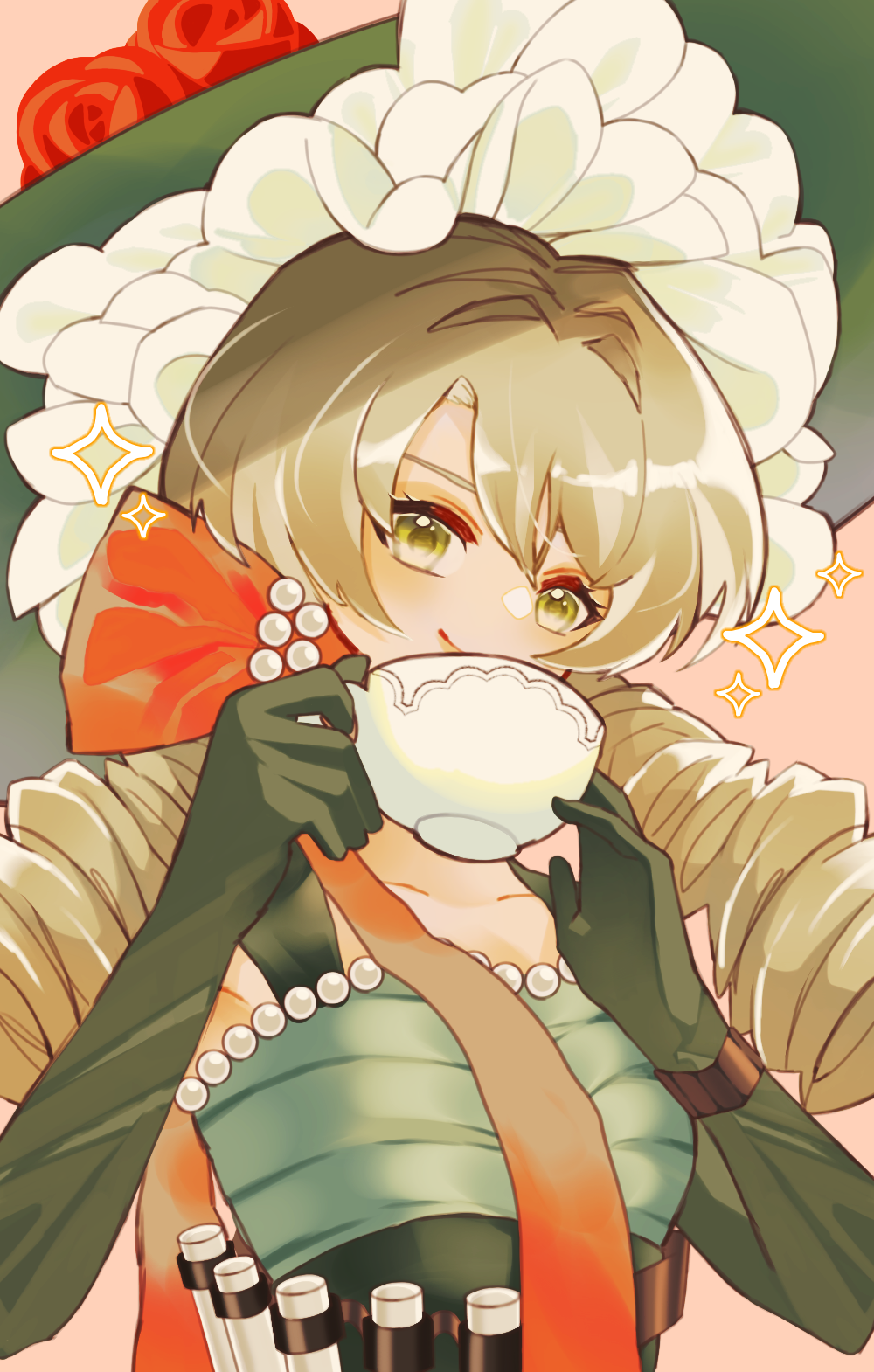 1girl blonde_hair bow chin_strap closed_mouth cup dress drill_hair elbow_gloves flower gloves green_dress green_eyes green_headwear grey_gloves hands_up hat hat_flower highres holding holding_cup long_hair looking_at_viewer low_twintails orange_bow pink_background red_flower red_rose reverse:1999 rose sleeveless sleeveless_dress smile solo sotheby sparkle sun_hat teacup twin_drills twintails upper_body yutsuki_(gi5eg3)