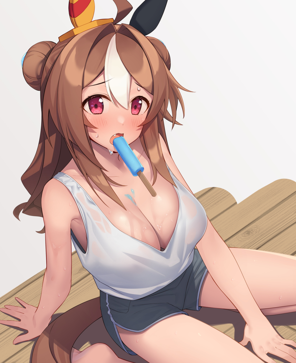 1girl ahoge animal_ears arm_support bare_shoulders barefoot blush breasts brown_hair cleavage collarbone commentary_request copano_rickey_(umamusume) dolphin_shorts double_bun fang food grey_shorts hair_bun highres horse_ears horse_girl horse_tail kneeling large_breasts long_hair looking_at_viewer multicolored_hair open_mouth partner_(kprtnr) popsicle raised_eyebrow red_eyes shadow shirt shorts sitting solo streaked_hair sweat tail tank_top umamusume white_shirt