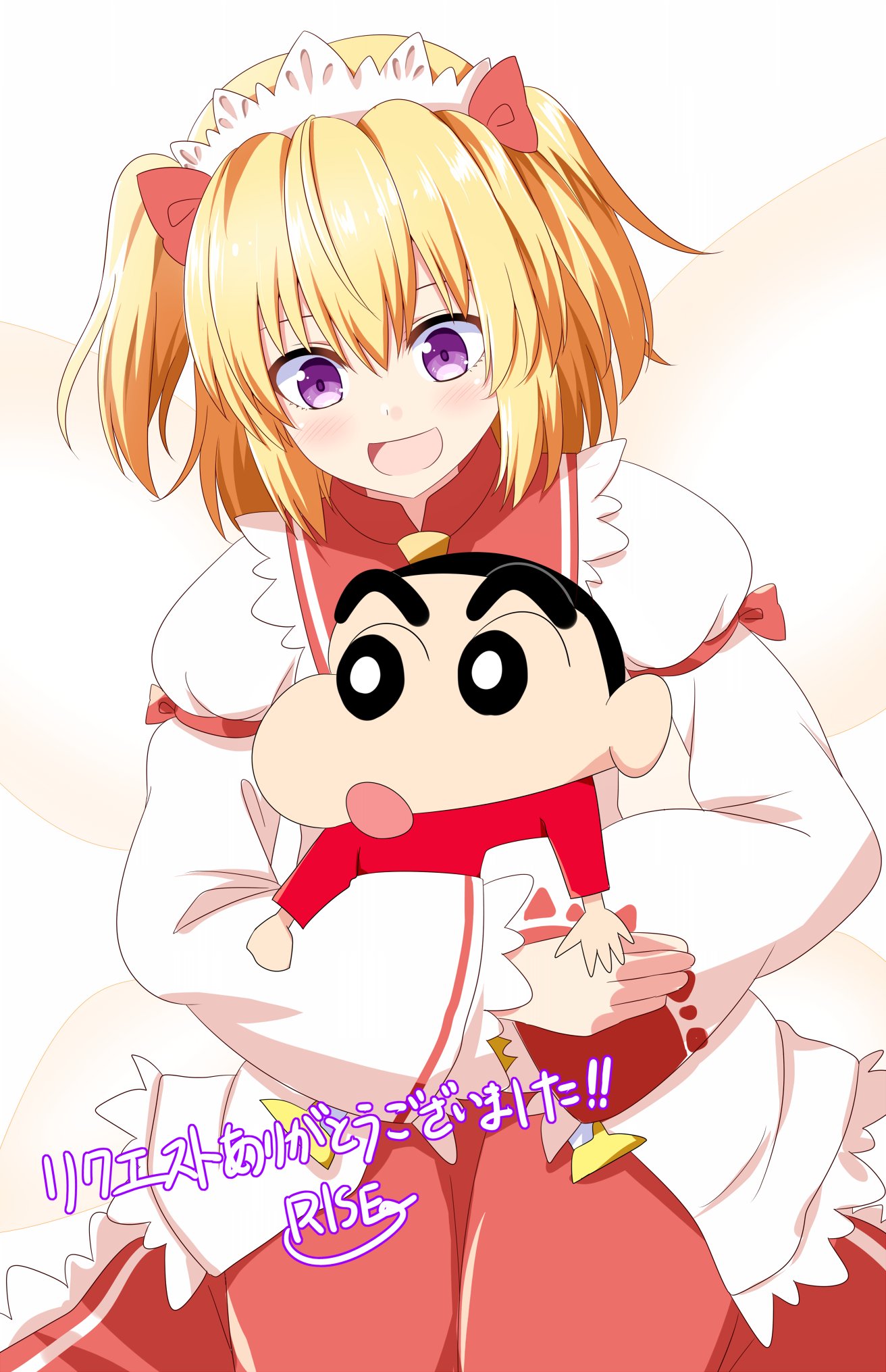 1boy 1girl :d :o anime_coloring artist_name black_hair blonde_hair blush bow carrying carrying_person cel_shading collared_dress commentary_request commission crayon_shin-chan dress fairy_wings hair_between_eyes hair_bow highres long_sleeves looking_at_another looking_down looking_to_the_side nohara_shinnosuke open_mouth purple_eyes red_bow red_dress red_shirt rise_(rise19851203) shirt short_hair signature skeb_commission sleeve_garter smile split_mouth sunny_milk thank_you thick_eyebrows touhou very_short_hair white_dress wings