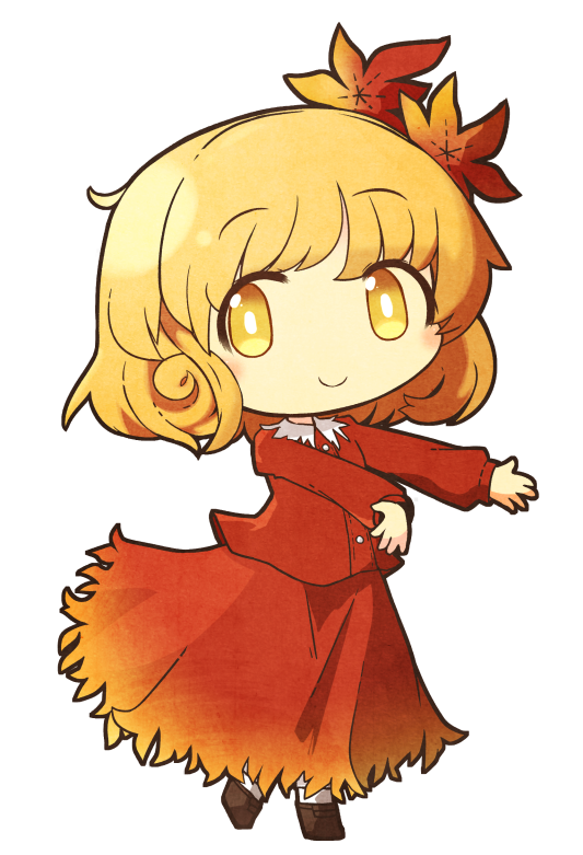 1girl aki_shizuha akihiyo bangs blonde_hair blouse blush bobby_socks bright_pupils brown_footwear chibi eyebrows_visible_through_hair hair_ornament leaf_hair_ornament long_sleeves looking_at_viewer outstretched_arms red_blouse red_skirt short_hair simple_background skirt smile socks solo standing touhou white_background white_legwear white_pupils yellow_eyes