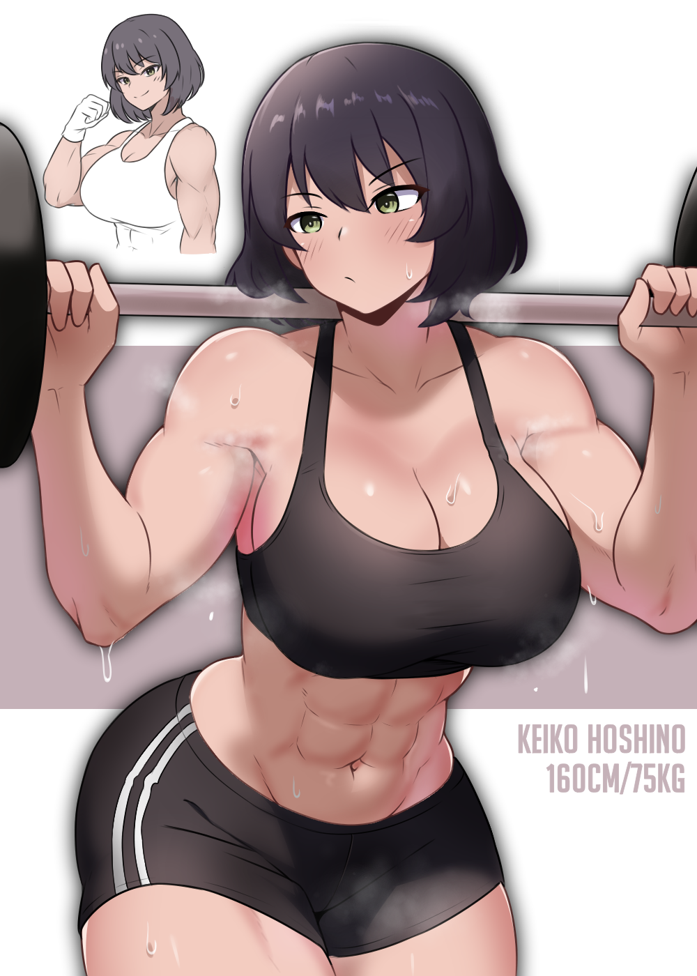1girl :/ abs amogan barbell bare_arms bare_shoulders biceps black_hair black_shorts black_sports_bra breasts character_name cleavage closed_mouth commentary commission cropped_torso dark-skinned_female dark_skin double_vertical_stripe exercise girls_und_panzer gloves green_eyes hair_between_eyes height highres hoshino_(girls_und_panzer) large_breasts light_blush looking_to_the_side midriff multiple_views muscular muscular_female navel pixiv_commission shirt short_hair shorts smile sports_bra steaming_body sweat tank_top thick_thighs thighs weight weightlifting white_gloves white_shirt