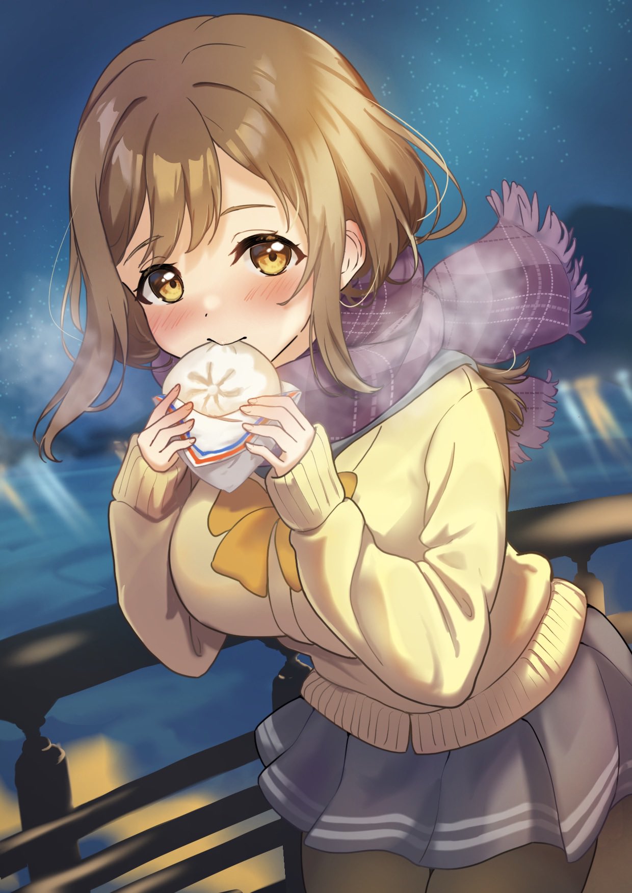 1girl black_pantyhose blurry blurry_background blush breasts breath brown_cardigan brown_eyes brown_hair cardigan center-flap_bangs enpera food food_in_mouth food_request grey_sailor_collar grey_skirt highres holding holding_food kunikida_hanamaru large_breasts long_hair long_sleeves looking_at_viewer love_live! love_live!_sunshine!! miniskirt necktie nekomarunisei night night_sky pantyhose pleated_skirt purple_scarf railing sailor_collar scarf school_uniform serafuku skirt sky smile solo upper_body uranohoshi_school_uniform winter_uniform yellow_necktie