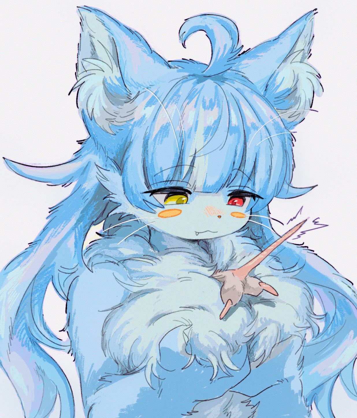 763_san_(artist) ahoge anthro asian_mythology blue_body blue_fur blush chest_tuft domestic_cat duo east_asian_mythology fake_breasts fangs felid feline felis fluffy fur girly hair hamu_chunchun heterochromia hi_res japan_air_self-defense_force japanese_mythology kemono long_hair looking_at_another looking_down macro male male_(lore) mammal mouse multicolored_body multicolored_fur murid murine mythology omaneko_(jasdf) red_eyes restrained rodent simple_background size_difference stuck teeth tuft tufted_ears tufted_fur two_tone_body two_tone_fur unusual_anatomy upper_body whiskers white_background white_body white_fur yellow_eyes yokai