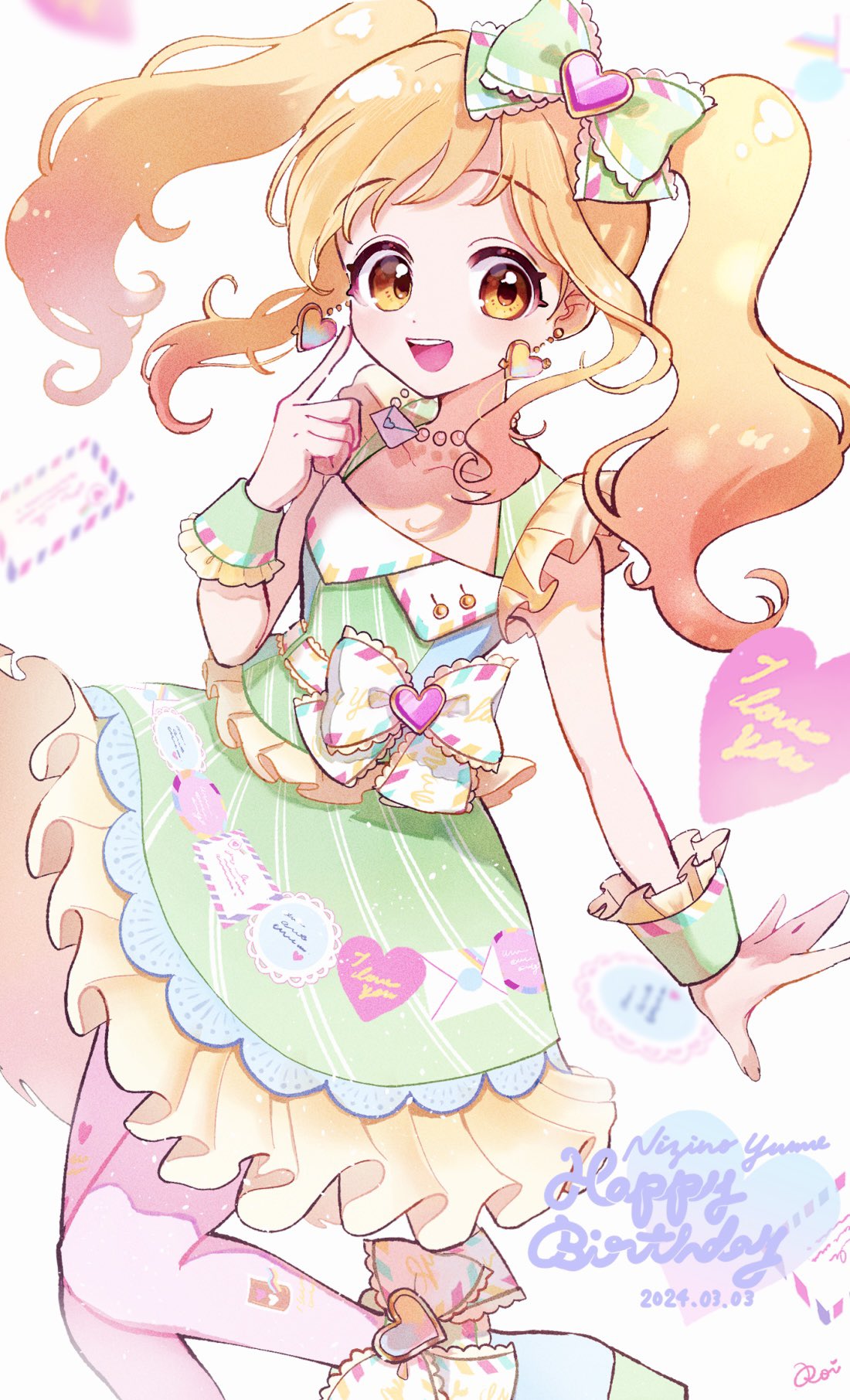 1girl aikatsu!_(series) aikatsu_stars! ankle_bow bare_legs blonde_hair bow character_name commentary dated dot_nose dress dress_bow earrings finger_to_cheek frilled_dress frills gradient_hair green_dress hair_bow hand_up happy_birthday hashtag_only_commentary heart heart_earrings highres jewelry long_hair looking_at_viewer medium_dress multicolored_hair necklace nijino_yume open_mouth orange_eyes pink_hair roi signature sleeveless sleeveless_dress solo standing standing_on_one_leg symbol-only_commentary teeth two-tone_hair upper_teeth_only white_background wrist_cuffs