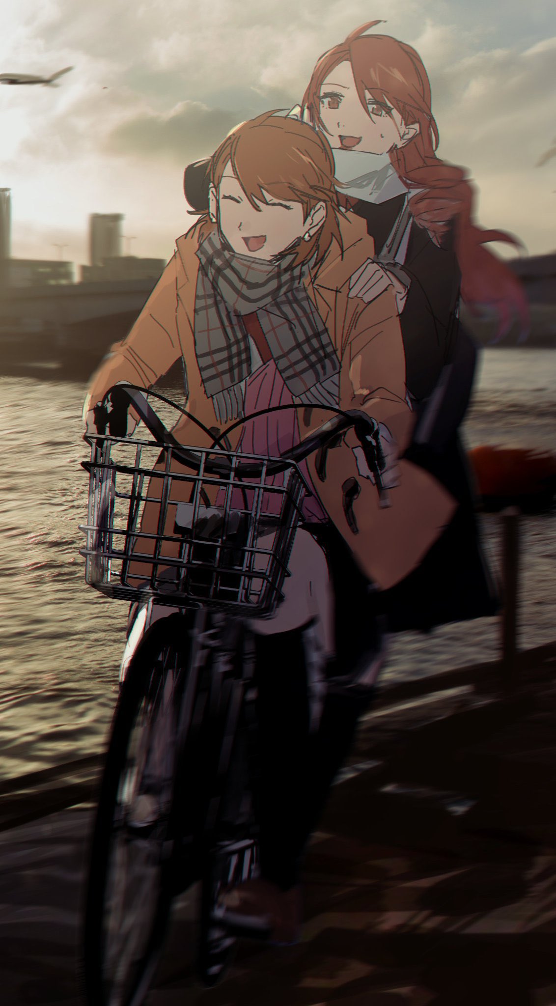 2girls bicycle bicycle_basket biiko_(king1015g) black_jacket black_skirt black_socks blurry blurry_background brown_hair cardigan checkered_clothes checkered_scarf closed_eyes cloud cloudy_sky commentary earrings full_body hair_between_eyes hand_on_another's_shoulder highres jacket jewelry kirijou_mitsuru kneehighs long_hair long_sleeves multiple_girls ocean open_mouth orange_jacket outdoors persona persona_3 pink_cardigan red_hair riding riding_bicycle scarf short_hair skirt sky smile socks stud_earrings sweatdrop symbol-only_commentary takeba_yukari white_scarf