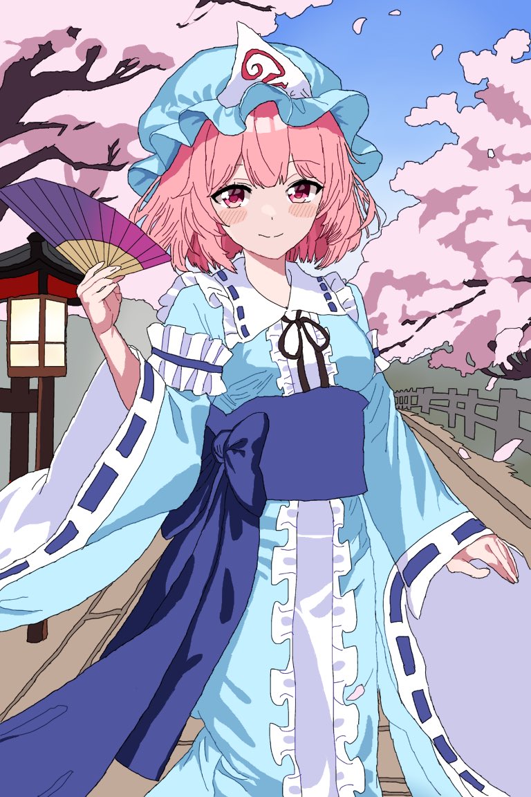 1girl blue_headwear blue_kimono breasts cherry_blossoms commentary_request folding_fan frilled_kimono frills hand_fan hat japanese_clothes kimono mob_cap pink_eyes pink_hair saigyouji_yuyuko sleeve_garter small_breasts solo touhou triangular_headpiece