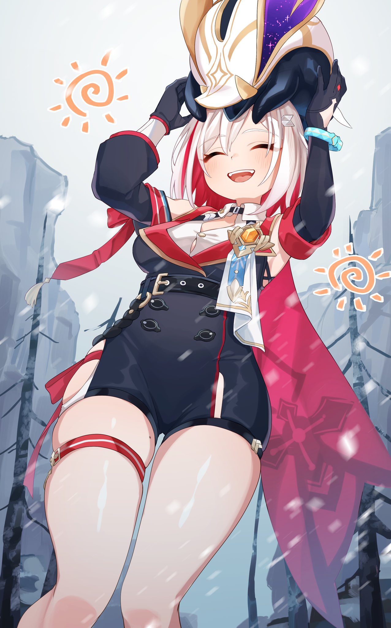 1girl :d animal belt black_gloves black_jacket black_skirt blush bracelet breasts buttons chawarabi closed_eyes collared_shirt day double-breasted facing_viewer feet_out_of_frame forest gloves highres holding holding_animal honkai:_star_rail honkai_(series) jacket jewelry knees_together_feet_apart long_sleeves medium_breasts mole mole_on_thigh nature open_clothes open_jacket open_mouth outdoors pencil_skirt red_belt shirt side_slit skin_tight skindentation skirt smile snowing solo teeth thick_thighs thigh_belt thigh_strap thighs topaz_(honkai:_star_rail) tree trotter_(honkai:_star_rail) upper_teeth_only white_shirt