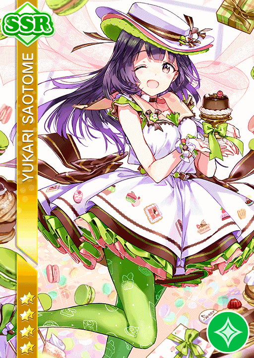 :d black_choker black_ribbon box bracelet breasts cake cake_slice cake_stand chocolate_cake choker collarbone dress food food_print frilled_dress frills gift gift_box green_pantyhose guest_art hat holding idol_clothes jewelry large_breasts leg_up long_hair love_live! love_live!_school_idol_festival macaron official_art one_eye_closed open_mouth pantyhose pink_sailor_collar purple_eyes purple_hair ribbon sailor_collar saotome_yukari sleeveless sleeveless_dress smile standing standing_on_one_leg sun_hat sundress third-party_source tiv white_dress