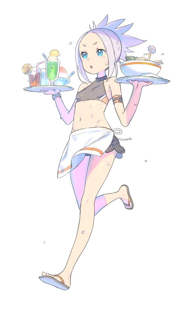 1girl blue_eyes breasts drink enkyo_yuuichirou fea_(summon_night) food full_body navel open_mouth sandals short_hair simple_background solo summon_night summon_night_4 swimsuit white_background white_hair