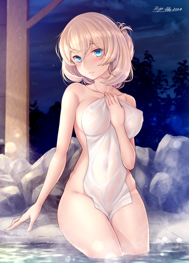 1girl alternate_hairstyle blonde_hair blue_eyes blush breasts covering_privates hair_up kantai_collection large_breasts looking_at_viewer naked_towel night night_sky nude_cover onsen outdoors parted_lips rock ryu-akt signature sitting sky solo steam towel victorious_(kancolle) water wet wet_towel