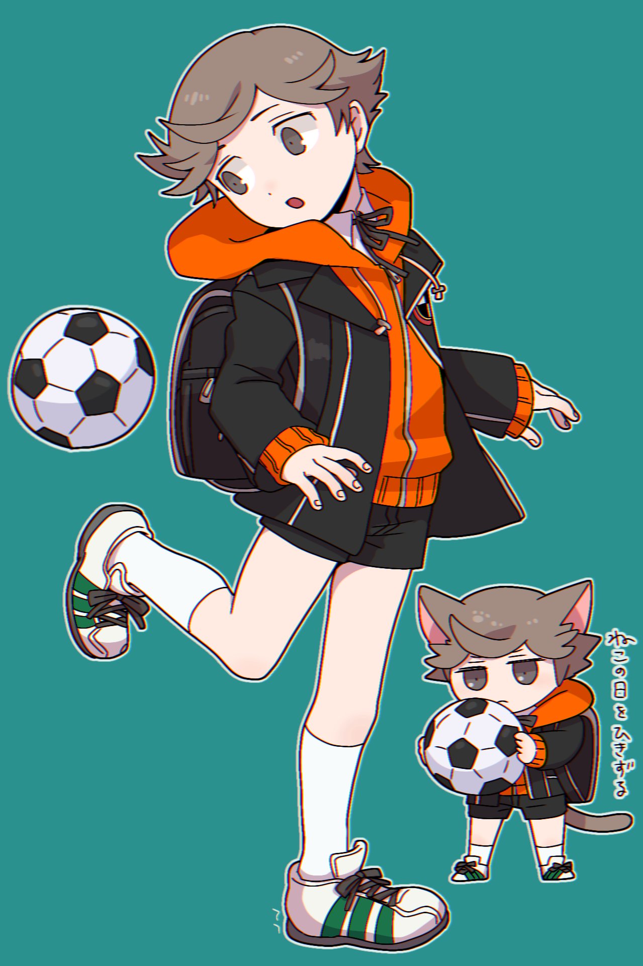 1boy amada_ken animal_ears bag ball black_jacket black_ribbon black_shorts brown_eyes brown_hair cat_ears cat_tail child collared_shirt commentary foot_up full_body gekkoukan_high_school_uniform highres holding holding_ball hood hood_down hoodie jacket long_sleeves looking_back male_focus mufksin multiple_views neck_ribbon open_clothes open_jacket open_mouth orange_hoodie persona persona_3 ribbon school_bag school_uniform shirt short_hair shorts simple_background soccer_ball socks standing standing_on_one_leg symbol-only_commentary tail translation_request white_shirt white_socks